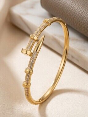 Gold Nail Cuff Bangle Bracelet with Micro-Paved Zirconia